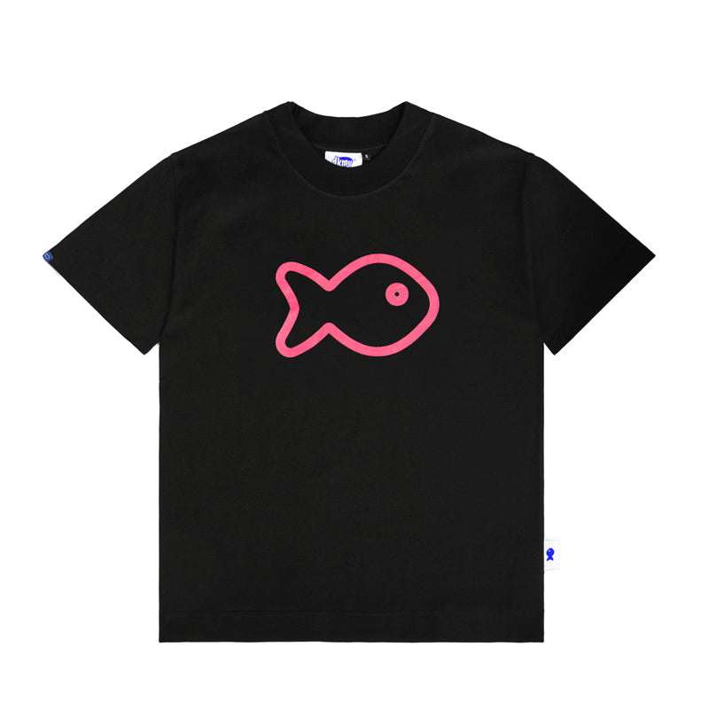 Black t-shirt with a pink fish graphic on a white background