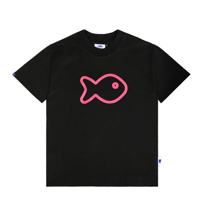 Black t-shirt with a pink fish graphic on a white background