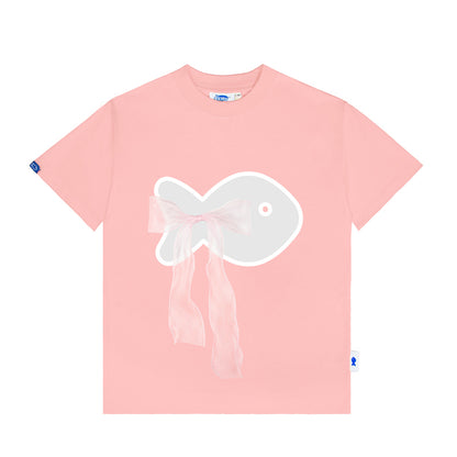 Pink t-shirt with a white graphic design on a white background