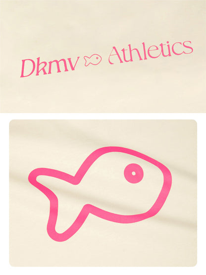 Beige fabric with pink 'Dkmy Athletics' text and fish outline
