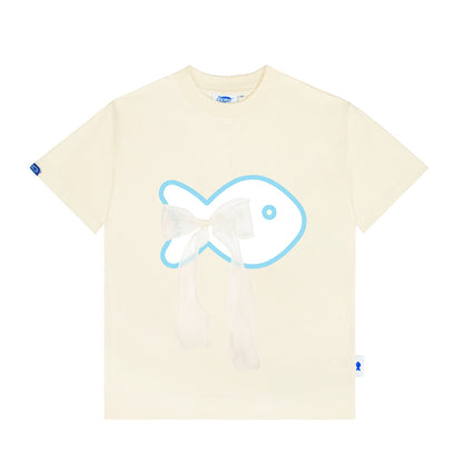 Beige t-shirt with a blue and white fish graphic on a white background