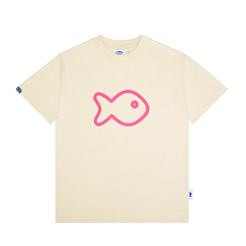 Beige t-shirt with a pink fish graphic on a white background