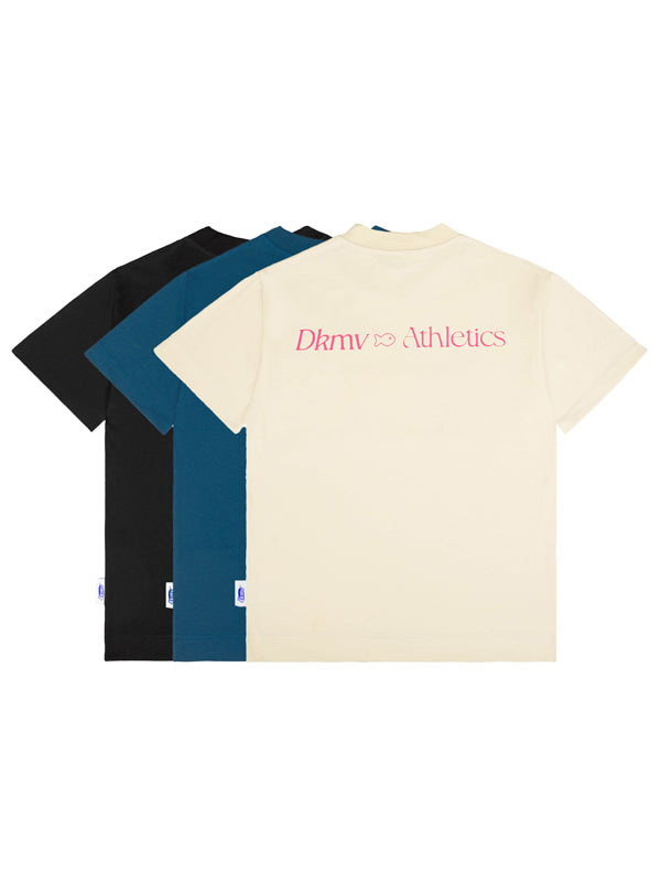 Three t-shirts in black, blue, and beige with 'DKNY Athletics' text on a white background.