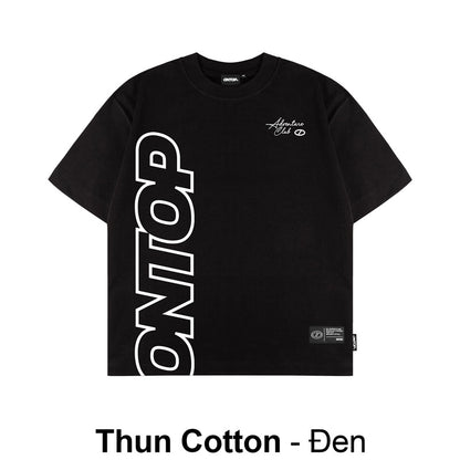 Black t-shirt with white text and logos on a white background