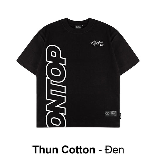 Black t-shirt with white text and logos on a white background