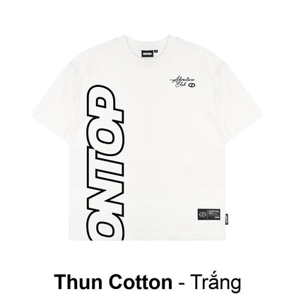 White t-shirt with black text and logos on a white background