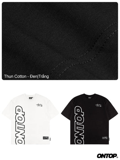 Black fabric swatch with text overlay and two t-shirts, one white and one black, featuring the 'ONTOP' logo.