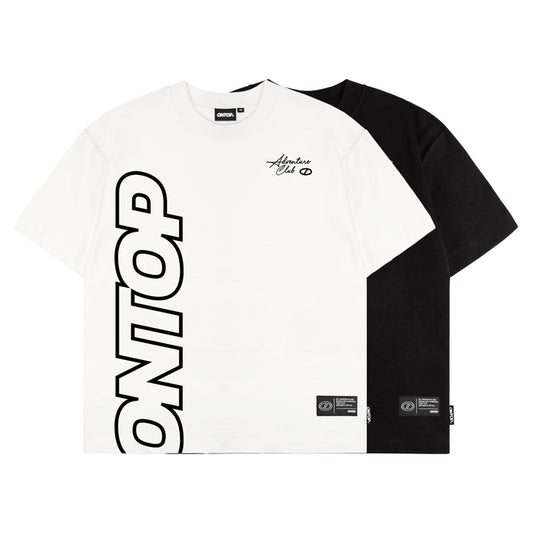 White and black t-shirt with 'ONTOP' branding on a white background