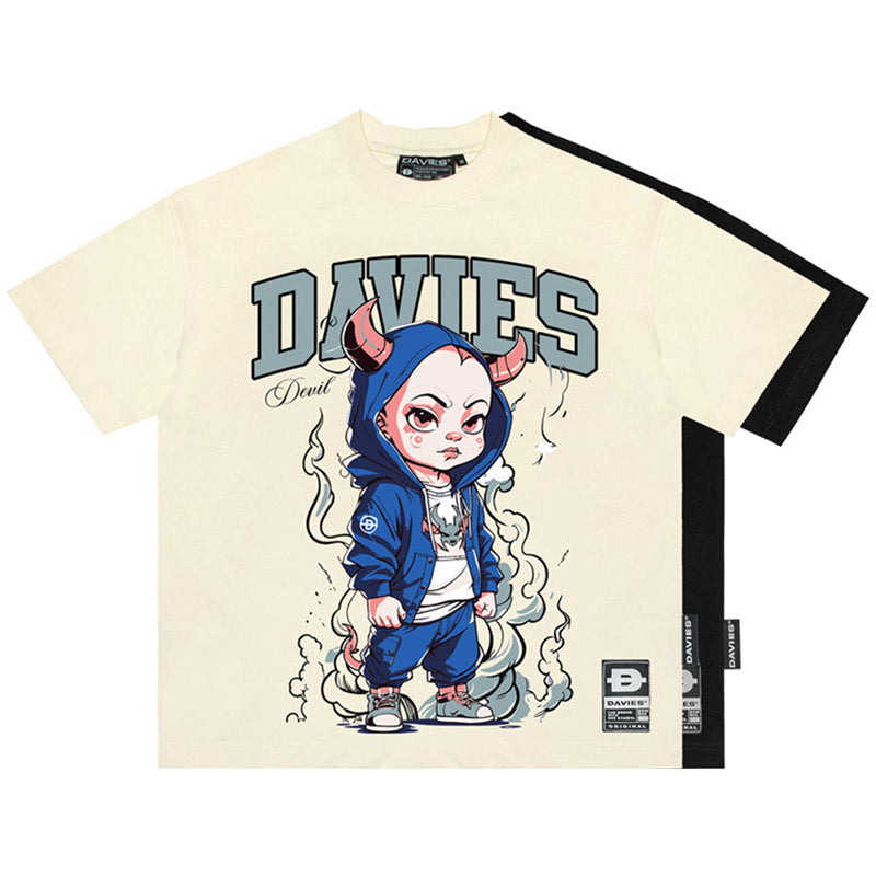 Beige t-shirt with cartoon character and 'DAVIES' branding on a white background