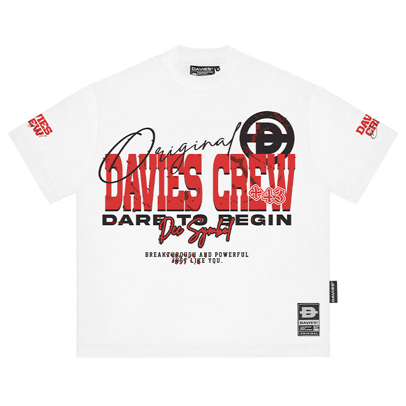 White t-shirt with red and black text and graphics on a white background