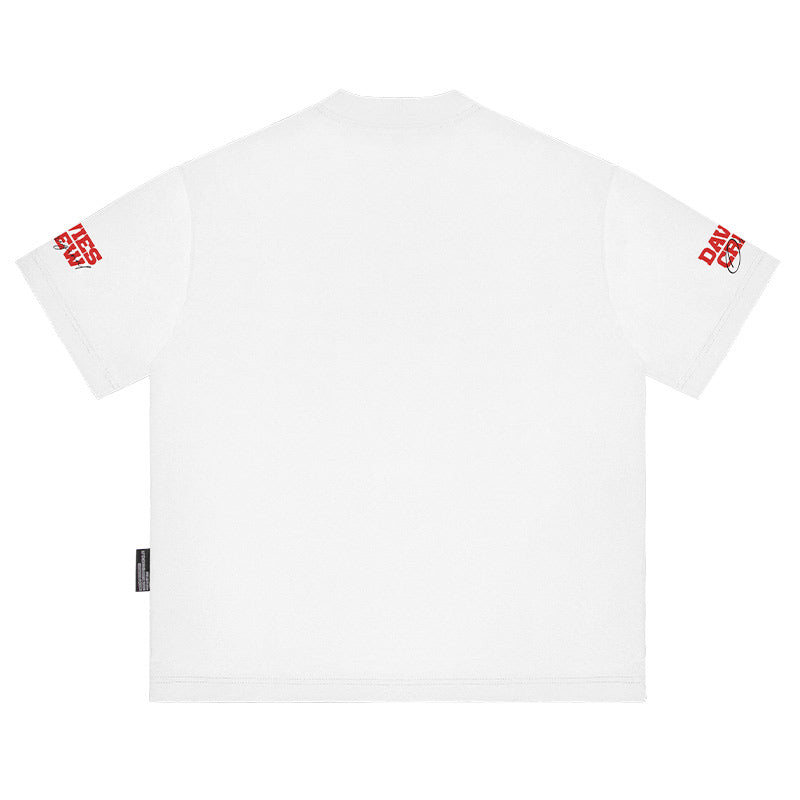 White t-shirt with red logos on sleeves and back on a white background
