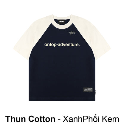 Black and white t-shirt with 'ontop-adventure' text on a white background