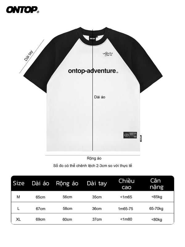 White and black t-shirt with 'ontop-adventure.' text on a white background