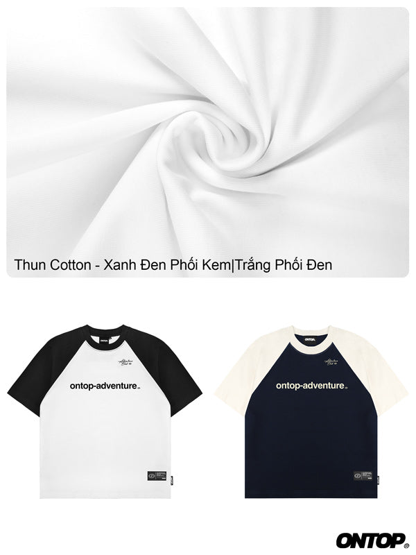 White fabric swatch with two baseball tees displayed below, featuring the 'ontop' brand.
