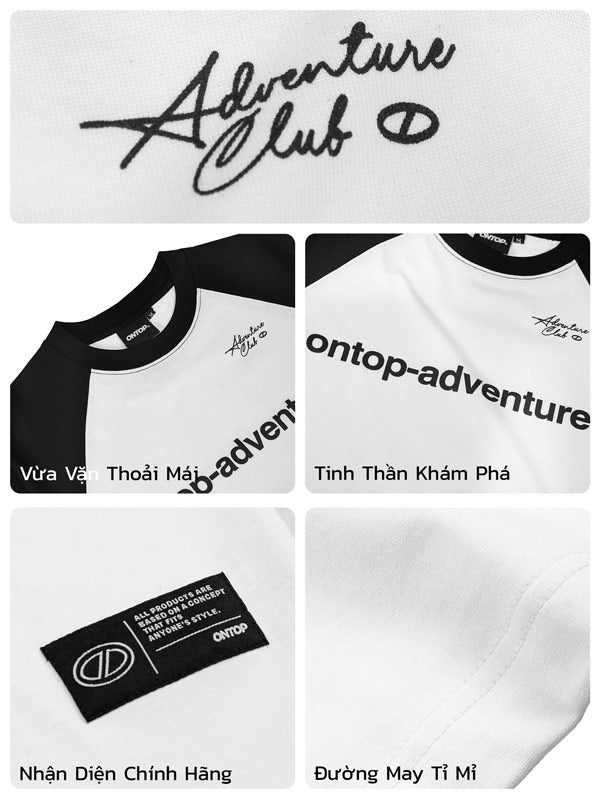 White t-shirt with 'ontop-adventure' branding and text on a white background
