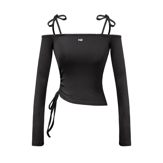 Black long-sleeve top with thin straps and a small logo on a white background