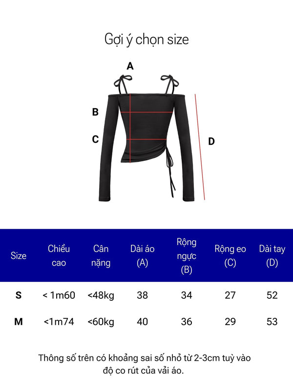 Size chart for a black off-shoulder top with measurements on a white background