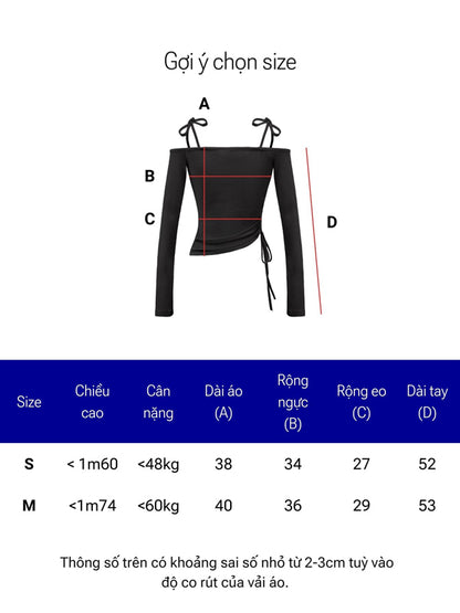 Size chart for a black off-shoulder top with measurements on a white background