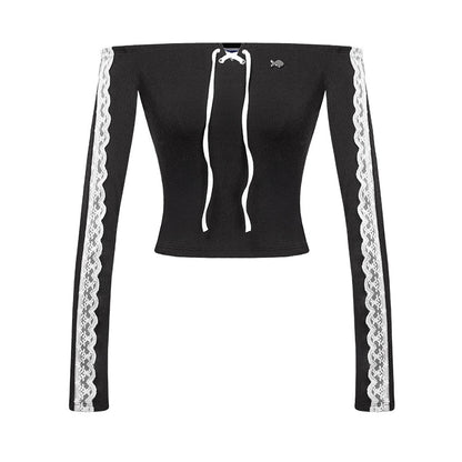 Black long-sleeve top with white lace trim on sleeves and bottom edge, on a white background.