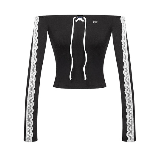 Black long-sleeve top with white lace trim on sleeves and bottom edge, on a white background.