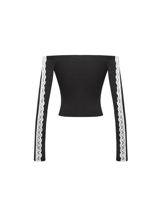 Black long-sleeve top with white lace trim on sleeves against a white background
