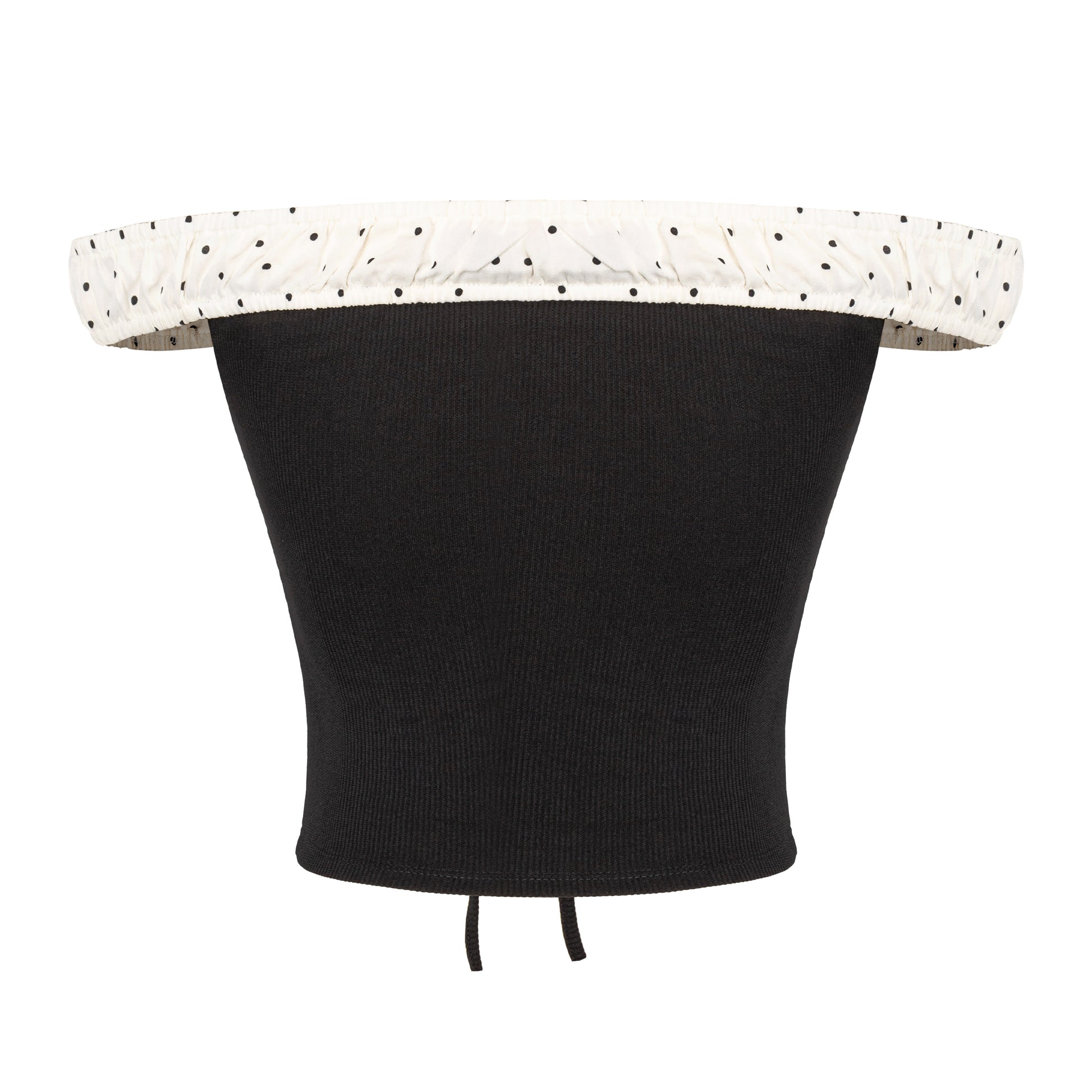 Black waist trainer with white polka dot trim on a white background
