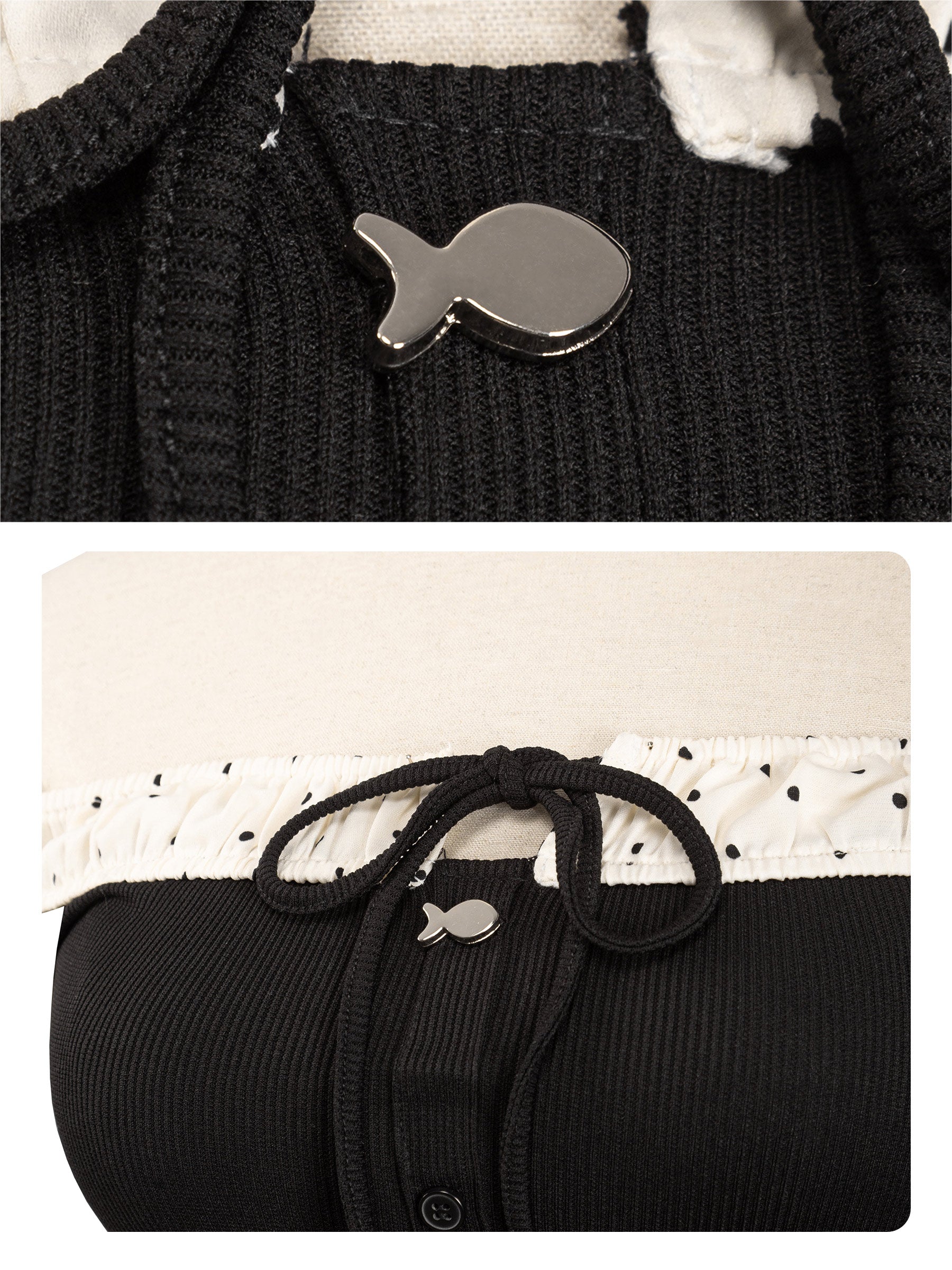 Black sweater with a fish-shaped button on a white background