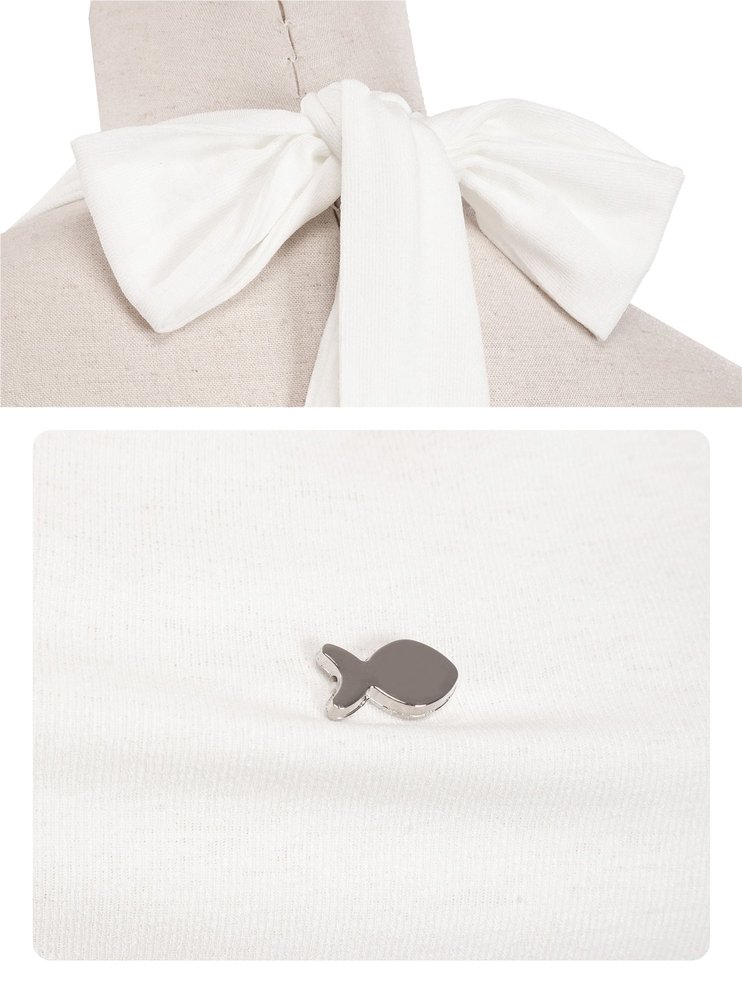 White shirt with a bow tie and a small fish-shaped accessory on a white background