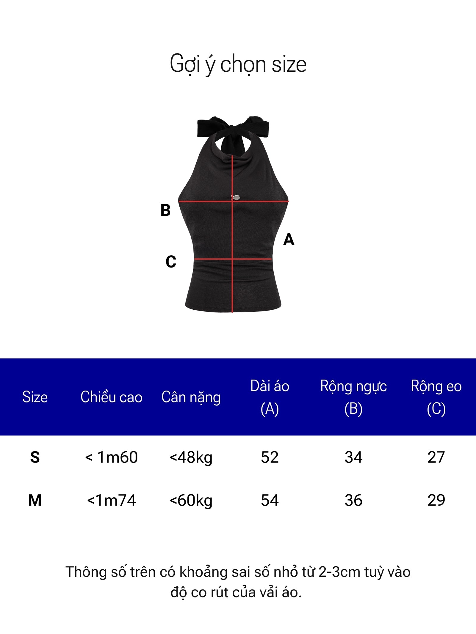 Black tank top with measurements and size chart on a white background