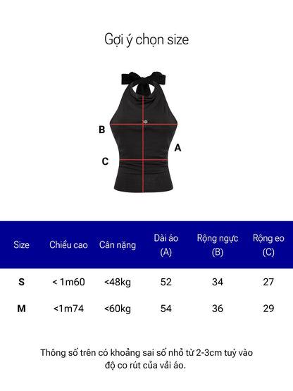Black tank top with measurements and size chart on a white background