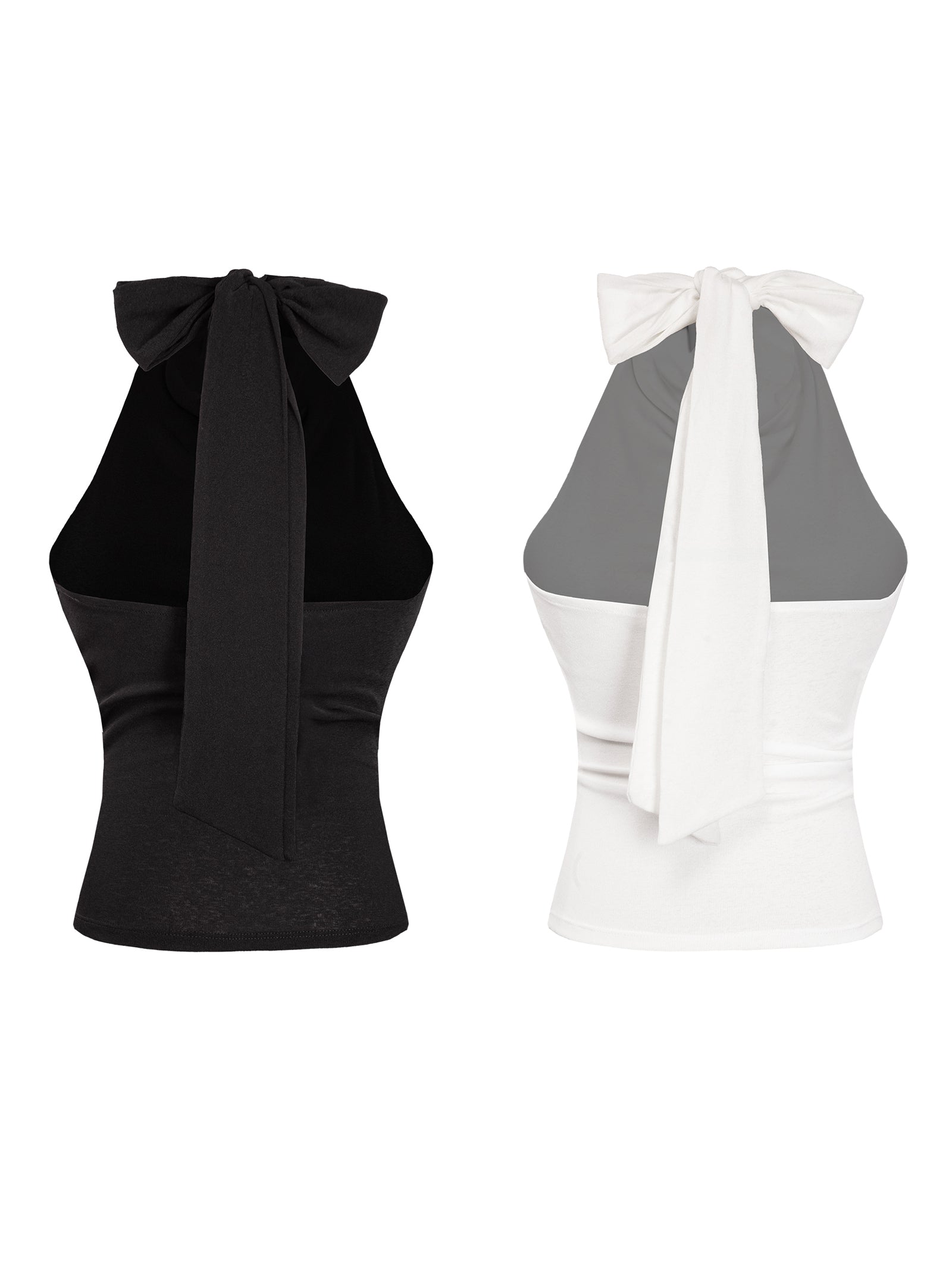 Black and white halter tops with bow details on a white background