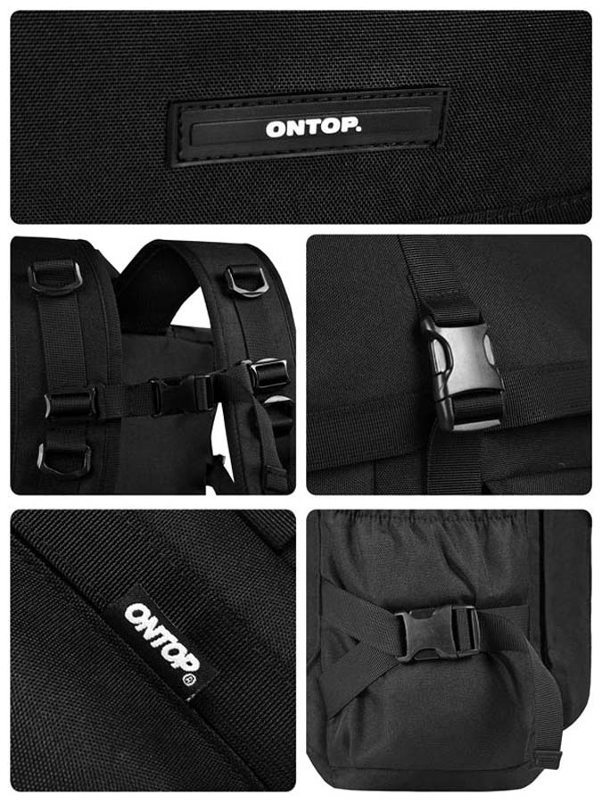 Black bag with 'ONTOP' branding, showing various angles and features.