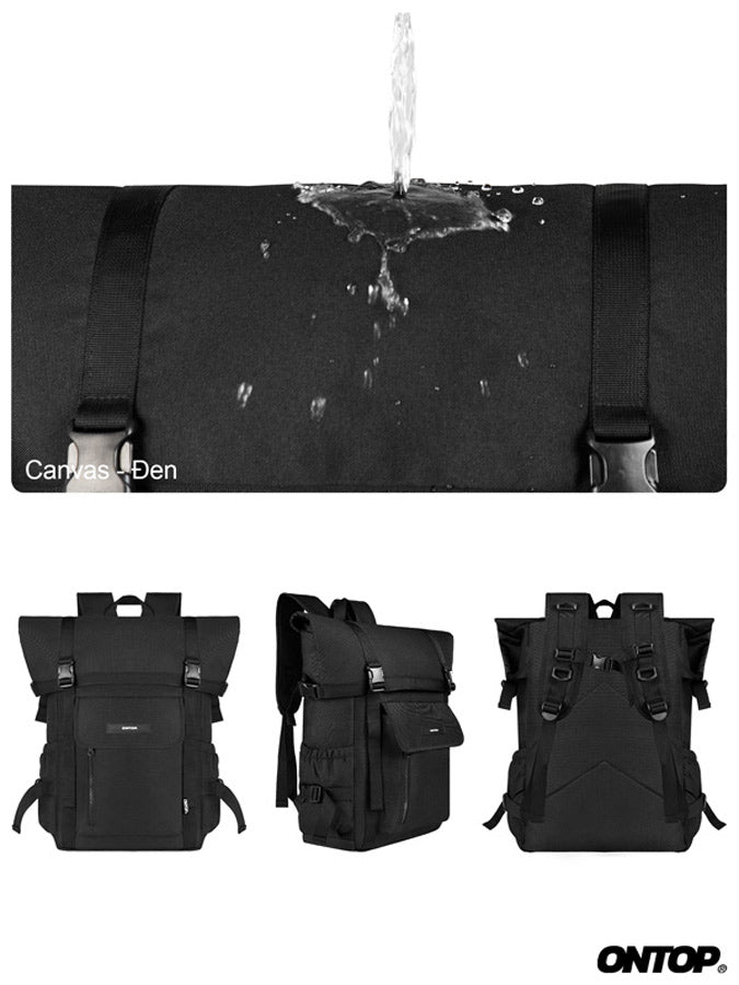 Black backpacks with water splash test and 'ONTOP' branding.