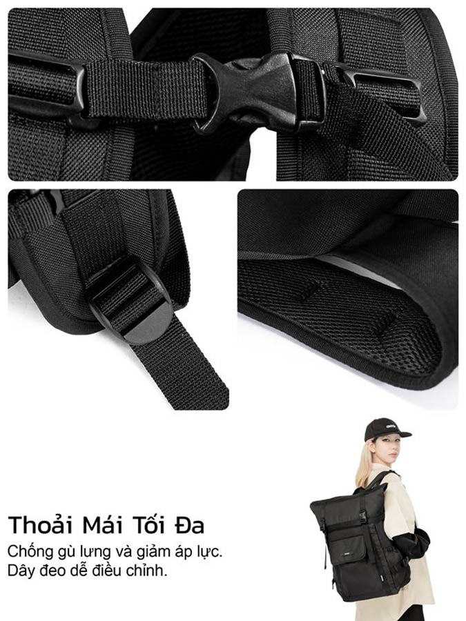 Black backpack with adjustable straps and a person wearing it on a white background