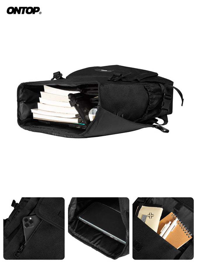 Black backpack with compartments and items inside, featuring the brand 'ONTOP'.