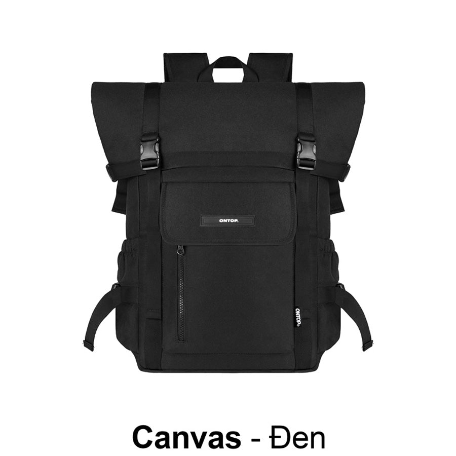 Black backpack with visible brand logo on a white background