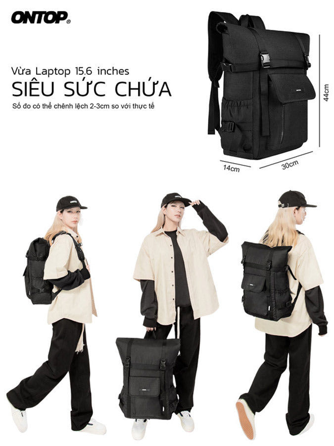Black backpack with dimensions and lifestyle images of a person wearing it.