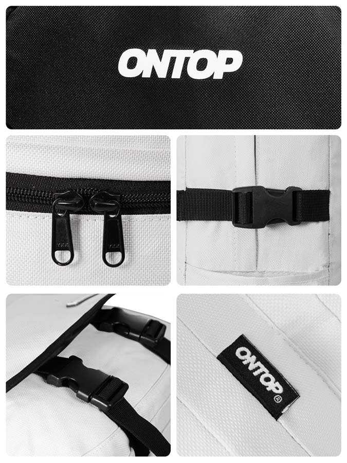 Collage of ONTOP branded bag features including a black zipper, buckle, and label.