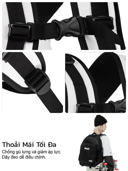 Black backpack with adjustable straps and a person wearing it, on a white background.