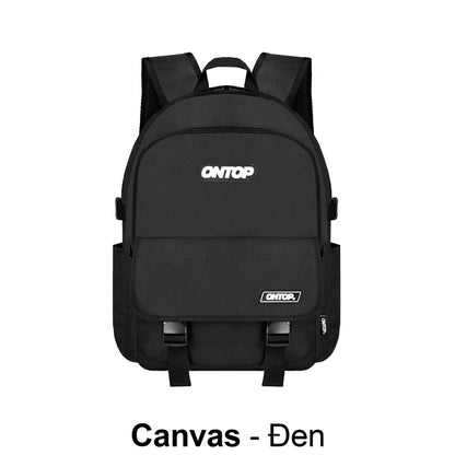 Black backpack with 'ONTOP' branding on a white background