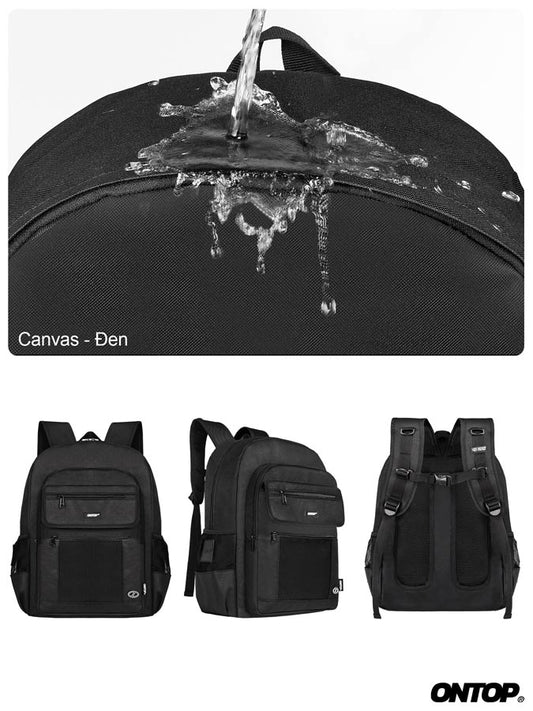Black backpack with water splash graphic and three different views of a black backpack below.