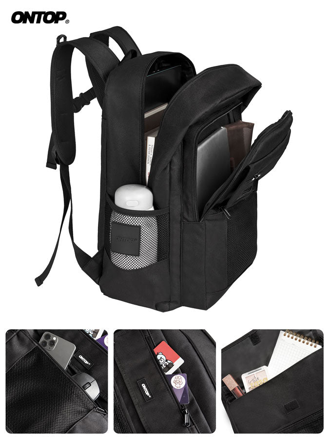 Black backpack with multiple compartments and pockets on a white background, featuring the brand 'ONTOP'.