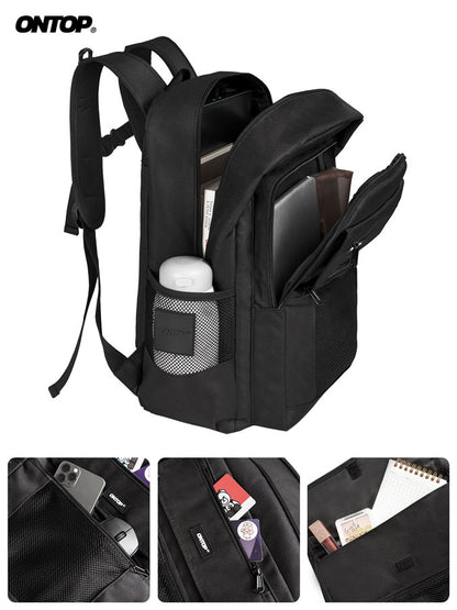 Black backpack with multiple compartments and pockets on a white background, featuring the brand 'ONTOP'.