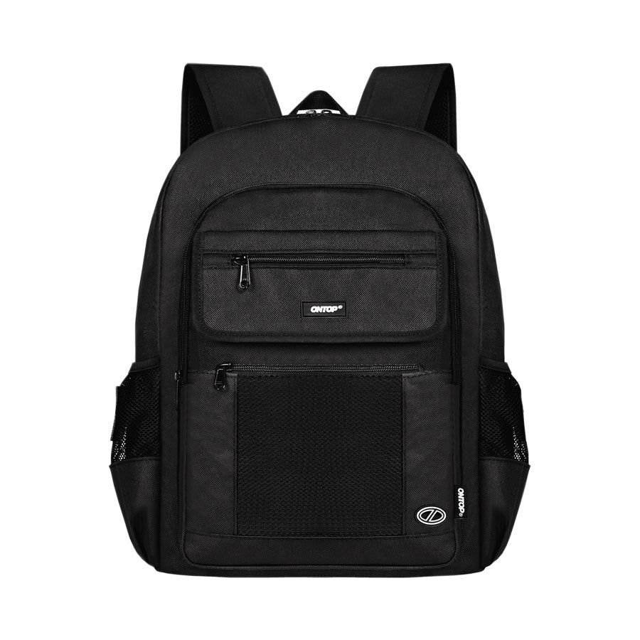 Black backpack with visible brand logo on a white background