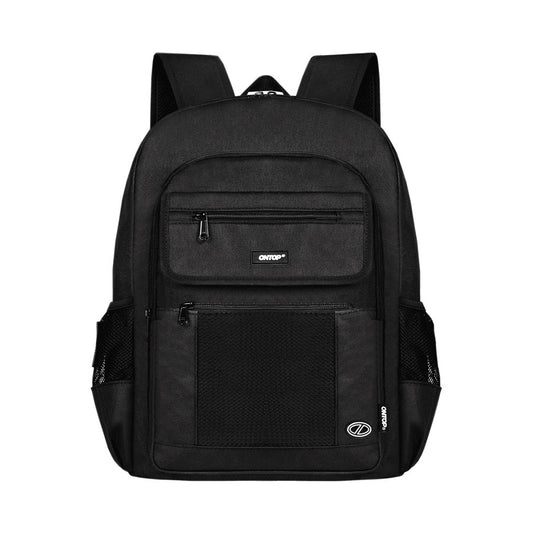 Black backpack with visible brand logo on a white background