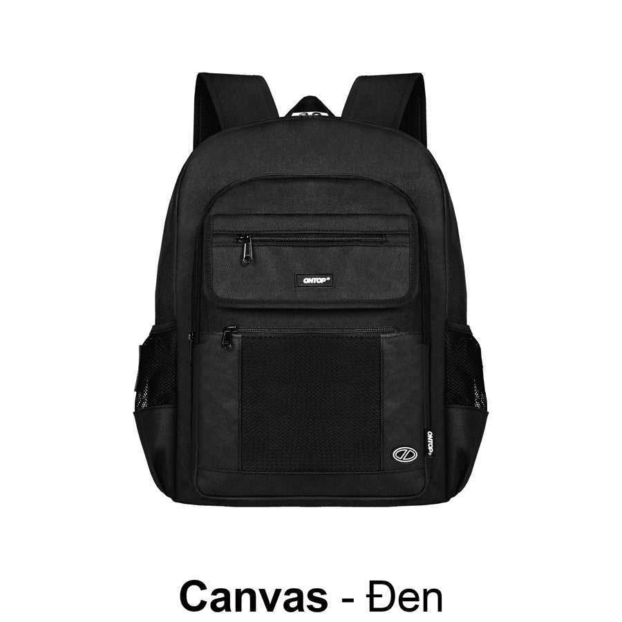 Black backpack with visible brand logo on a white background