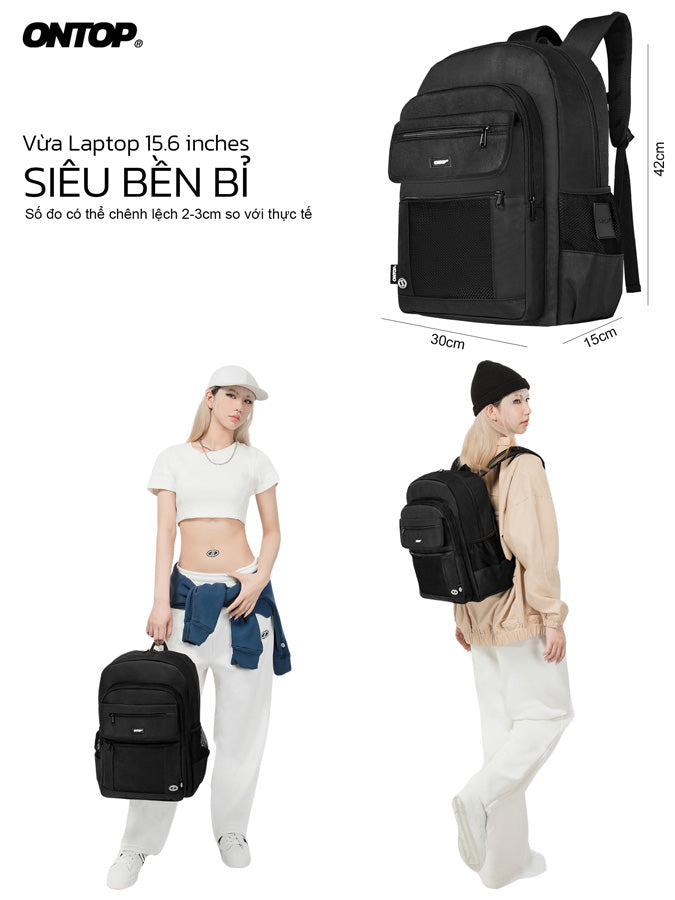 Black backpack with measurements and two people wearing it, featuring the brand 'ONTOP'.