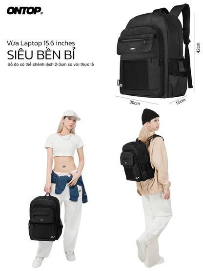 Black backpack with measurements and two people wearing it, featuring the brand 'ONTOP'.