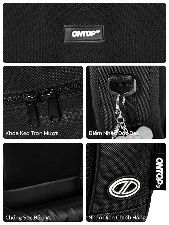 Black bag with ONTOP branding and various features highlighted