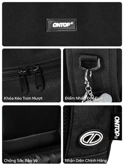 Black bag with ONTOP branding and various features highlighted